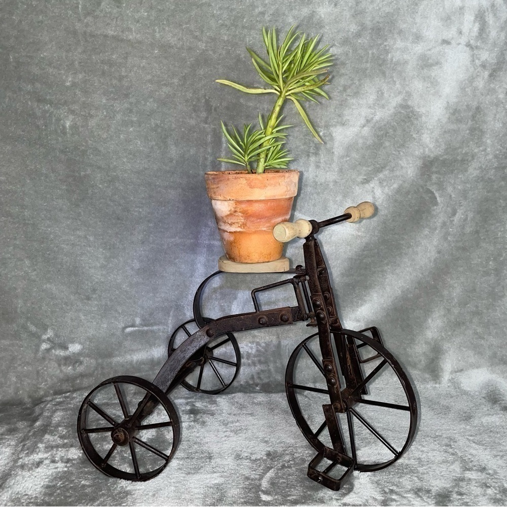 Rustic Decorative Metal Tricycle Plant Stand Wooden Seat & Handles Vintage Decor